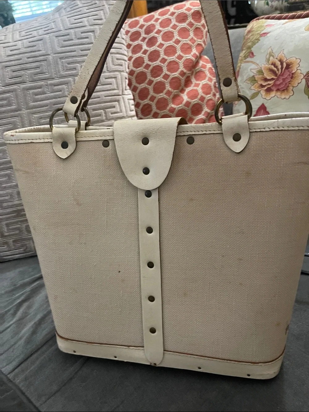 Vintage Embellished Cream Tote with Amber Jewel Bird Design